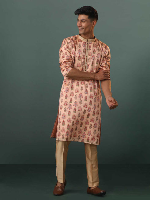 Vastramay Me's Peach Silk Blend Floral Printed Kurta