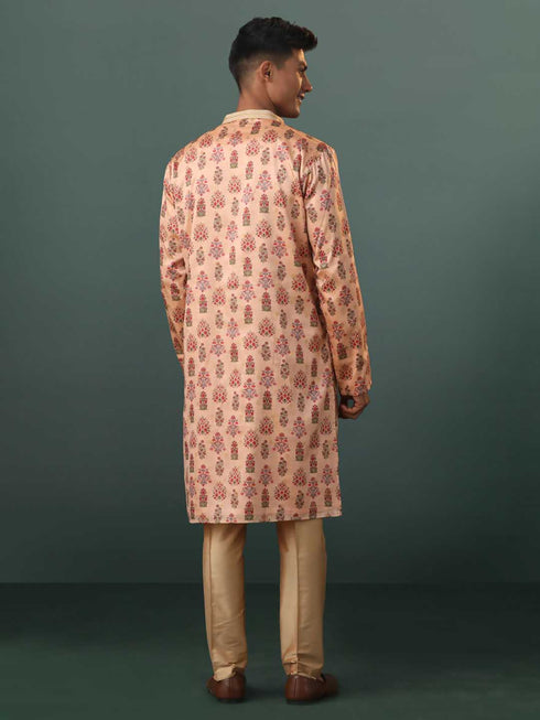 VASTRAMAY Me's Peach Silk Blend Floral Printed Kurta With Pant Set