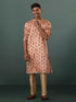 VASTRAMAY Me's Peach Silk Blend Floral Printed Kurta With Pant Set