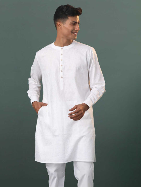 Vastramay Mens Cream Cotton Embellished Kurta