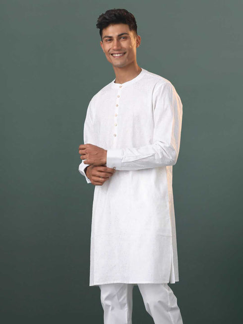 Vastramay Mens Cream Cotton Embellished Kurta