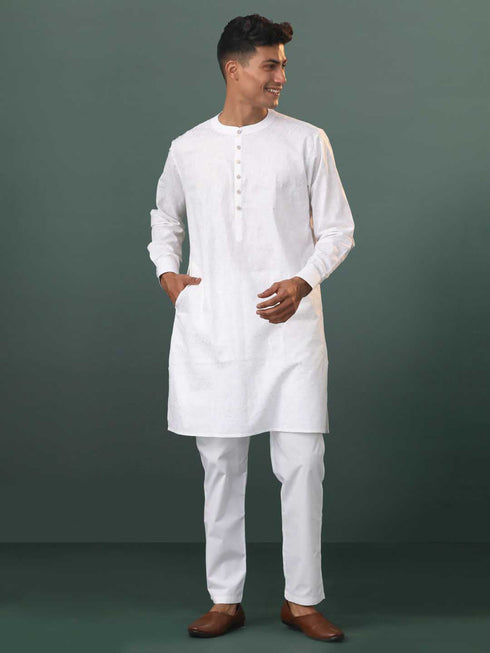 Vastramay Mens Cream Cotton Embellished Kurta Pyjama Set