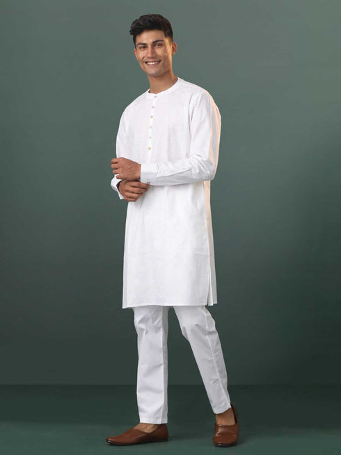 Vastramay Mens Cream Cotton Embellished Kurta Pyjama Set