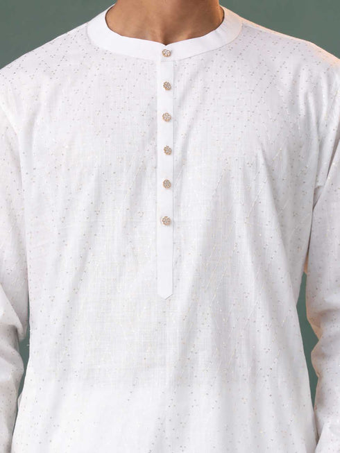 Vastramay Mens Cream Cotton Embellished Kurta Pyjama Set