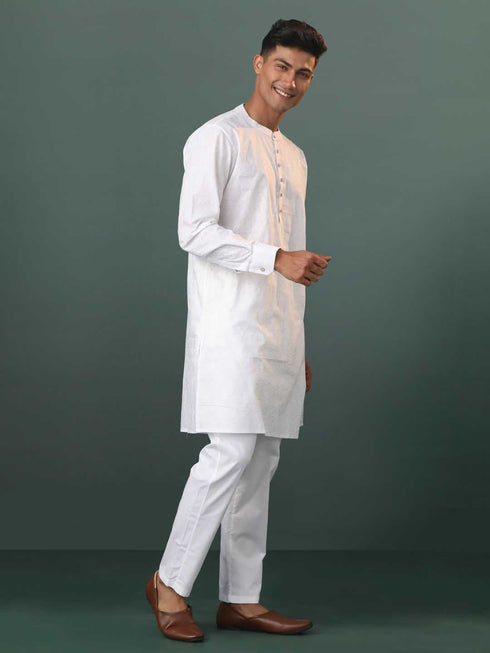 Vastramay Mens Cream Cotton Embellished Kurta Pyjama Set