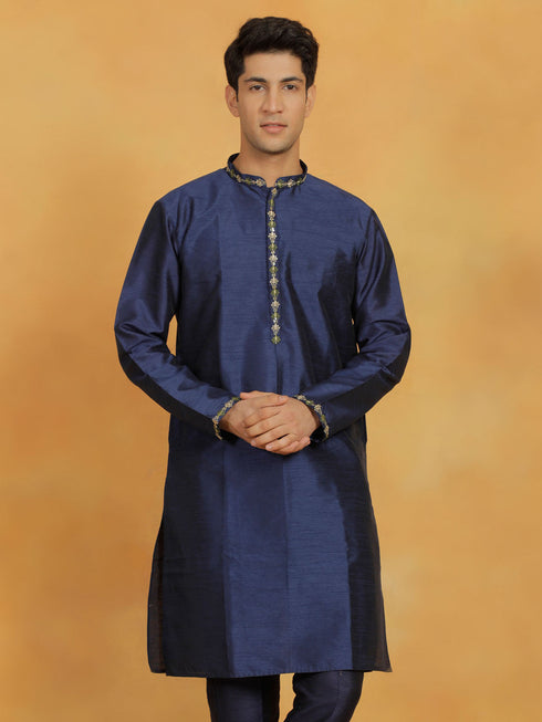 Vastramay Men's Navy Blue Dupion Silk Kurta