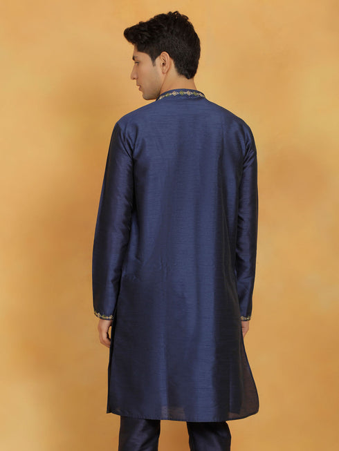 Vastramay Men's Navy Blue Dupion Silk Kurta
