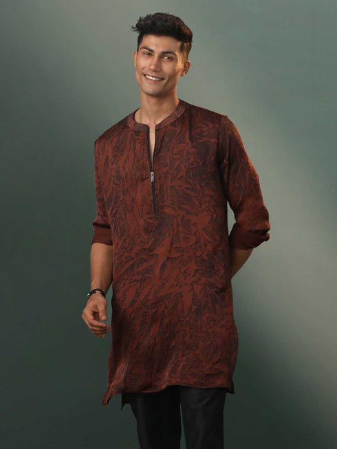 Vastramay Men's Brown And Black Printed Cotton Blend Kurta