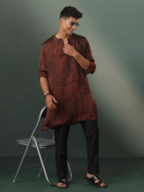 Vastramay Mens Brown And Black Printed Cotton Blend Kurta Pyjama Set