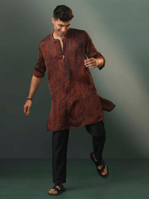 Vastramay Mens Brown And Black Printed Cotton Blend Kurta Pyjama Set