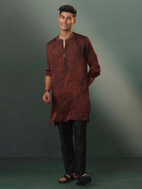 Vastramay Mens Brown And Black Printed Cotton Blend Kurta Pyjama Set