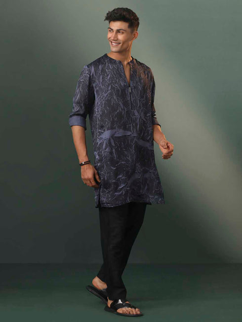 Vastramay Mens Grey And Black Printed Cotton Blend Kurta Pyjama Set