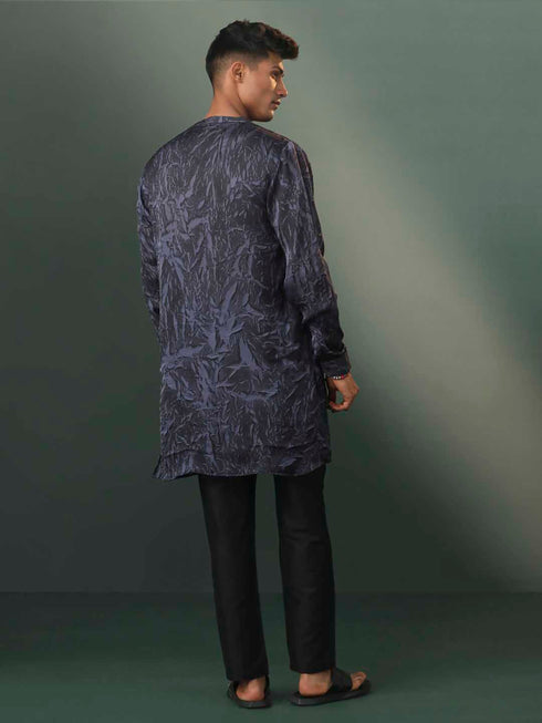Vastramay Mens Grey And Black Printed Cotton Blend Kurta Pyjama Set