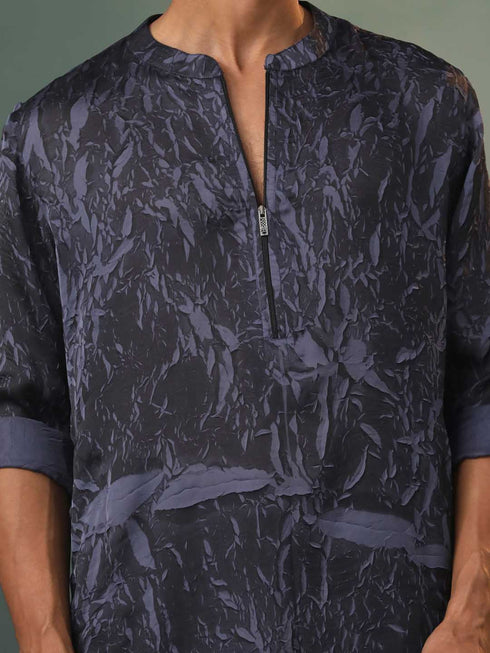 Vastramay Mens Grey And Black Printed Cotton Blend Kurta Pyjama Set