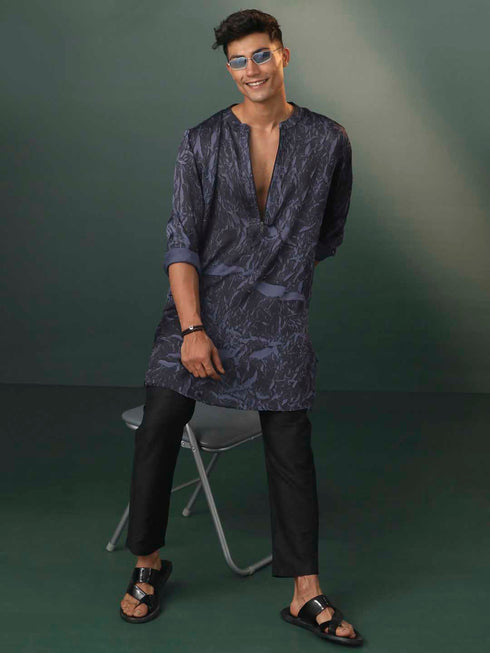Vastramay Men's Grey And Black Printed Cotton Blend Kurta Pyjama Set