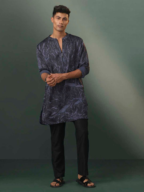 Vastramay Mens Grey And Black Printed Cotton Blend Kurta Pyjama Set