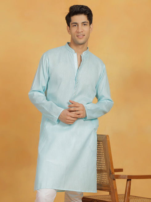 Vastramay Men's Aqua Cotton Kurta