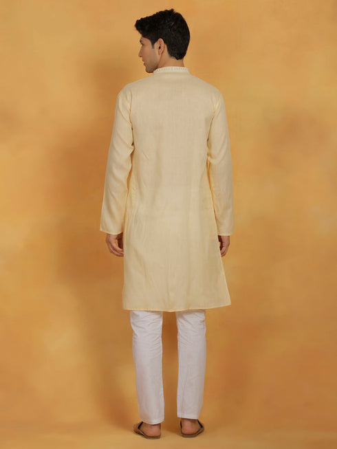 Vastramay Men's Cream And White Cotton Kurta Pyjama Set