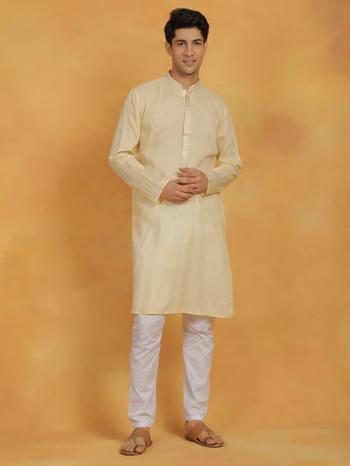 Vastramay Men's Cream And White Cotton Kurta Pyjama Set