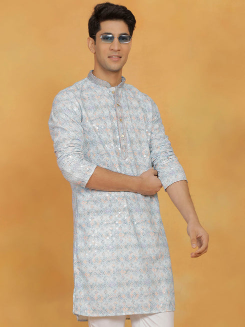 Vastramay Men's Aqua Cotton Blend Kurta
