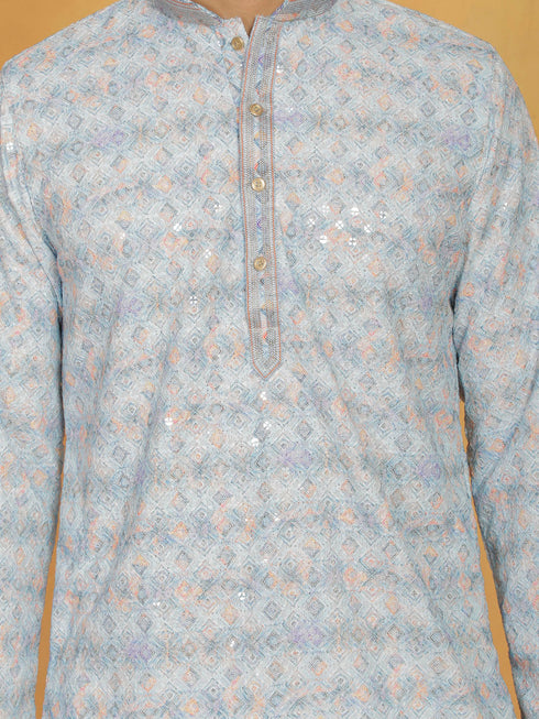 Vastramay Men's Aqua Cotton Blend Kurta