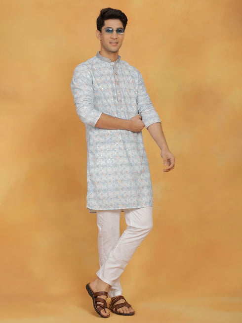 Vastramay Men's Aqua Cotton Blend Kurta