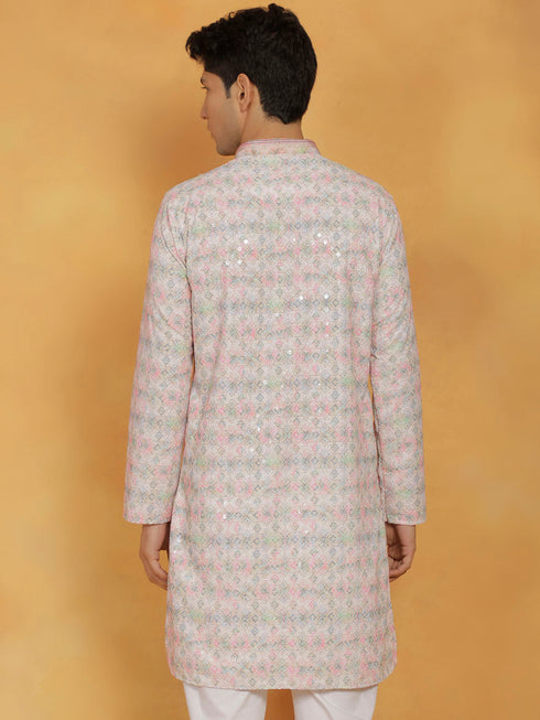 Vastramay Men's Pink Cotton Blend Kurta