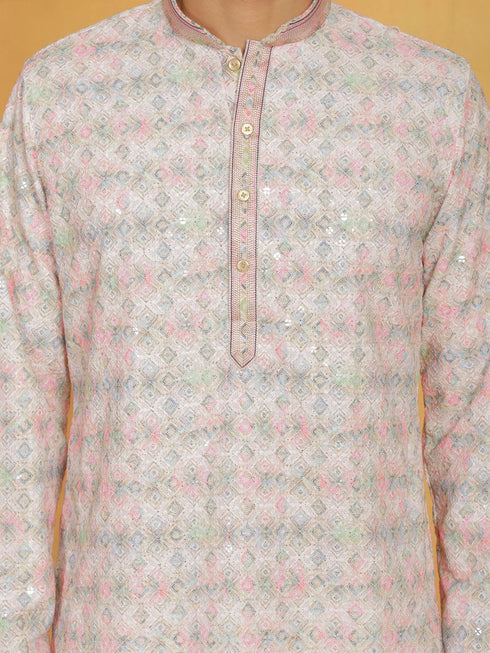 Vastramay Men's Pink Cotton Blend Kurta