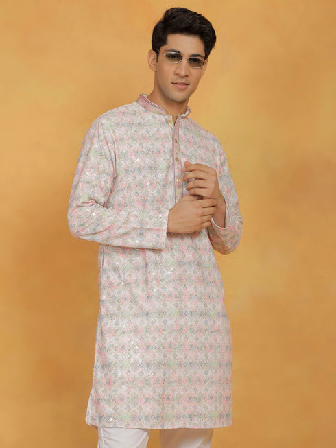 Vastramay Men's Pink Cotton Blend Kurta
