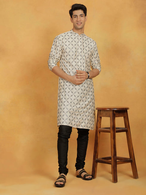 Vastramay Men's Cream And Black Cotton Blend Kurta And Pyjama Set