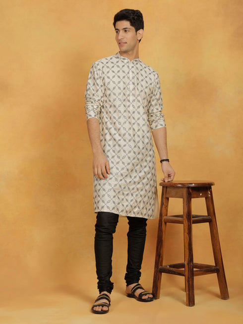 Vastramay Men's Cream And Black Cotton Blend Kurta And Pyjama Set