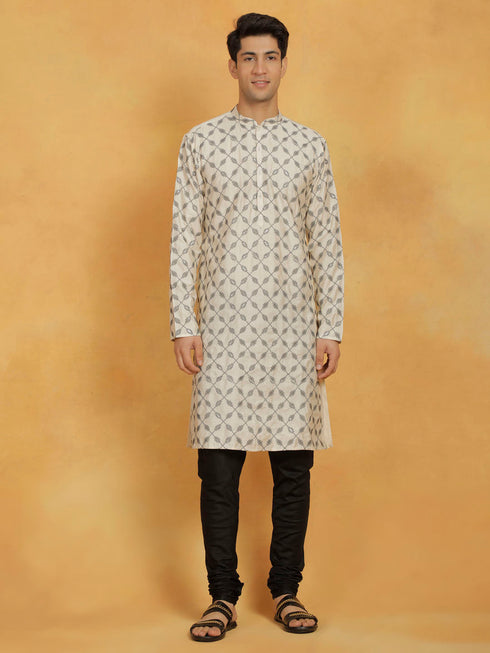 Vastramay Men's Cream And Black Cotton Blend Kurta And Pyjama Set