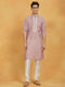 Vastramay Men's Pink And White Silk Blend Kurta And Pyjama Set