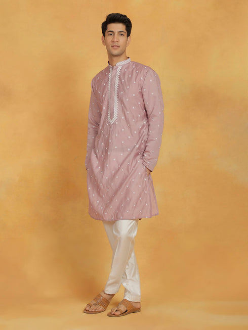 Vastramay Men's Pink And White Silk Blend Kurta And Pyjama Set