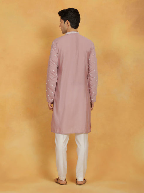 Vastramay Men's Pink And White Silk Blend Kurta And Pyjama Set