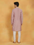 Vastramay Men's Pink And White Silk Blend Kurta And Pyjama Set