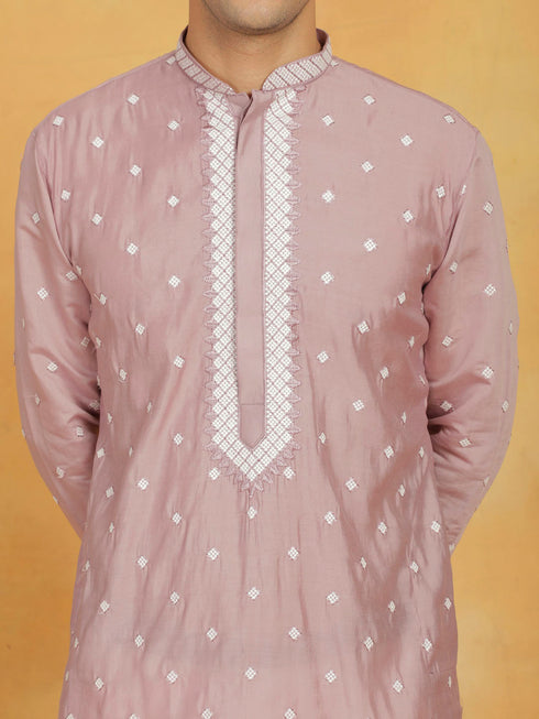 Vastramay Men's Pink And White Silk Blend Kurta And Pyjama Set