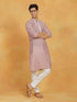 Vastramay Men's Pink And White Silk Blend Kurta And Pyjama Set