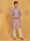 Vastramay Men's Pink And White Silk Blend Kurta And Pyjama Set