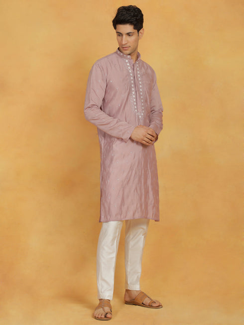 Vastramay Men's Pink And White Silk Blend Kurta And Pyjama Set