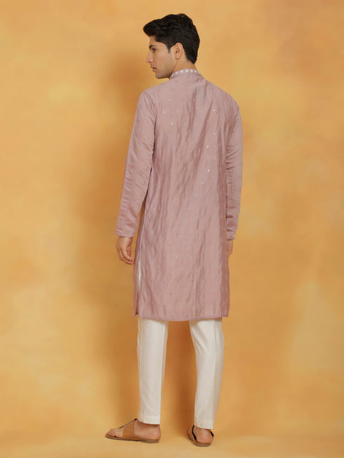 Vastramay Men's Pink And White Silk Blend Kurta And Pyjama Set