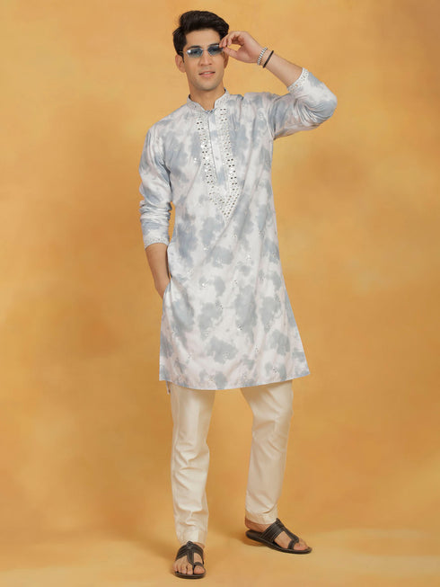 Vastramay Men's Gray And Cream Cotton Blend Kurta And Pyjama Set
