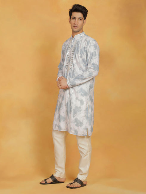 Vastramay Men's Gray And Cream Cotton Blend Kurta And Pyjama Set
