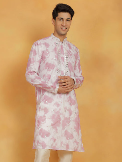 Vastramay Men's Pink Cotton Blend Kurta