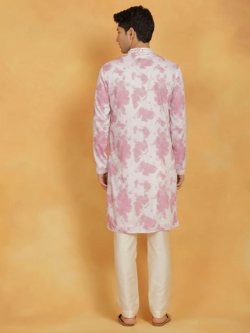 Vastramay Men's Pink And Cream Cotton Blend Kurta And Pyjama Set