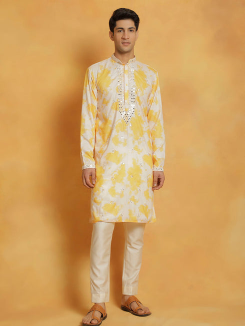 Vastramay Men's Yellow And Cream Cotton Blend Kurta And Pyjama Set