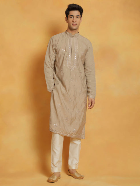 Vastramay Men's Gray And Cream Silk Blend Kurta And Pyjama Set