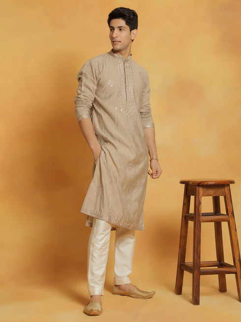 Vastramay Men's Gray And Cream Silk Blend Kurta And Pyjama Set