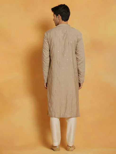 Vastramay Men's Gray And Cream Silk Blend Kurta And Pyjama Set