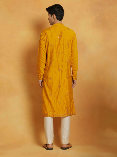 Vastramay Men's Mustard And Cream Silk Blend Kurta And Pyjama Set